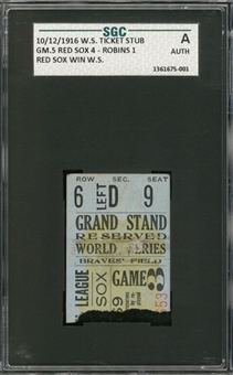 1916 World Series Game 5 Red Sox vs. Robins Title Clinching Ticket Stub - SGC Authentic (Babe Ruth W.S. Number 2 of 10)